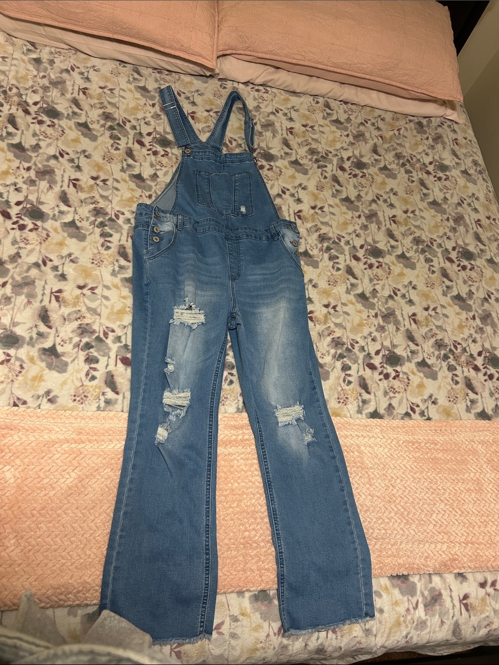 Women's Distressed Blue Denim Overalls with Adjustable Straps